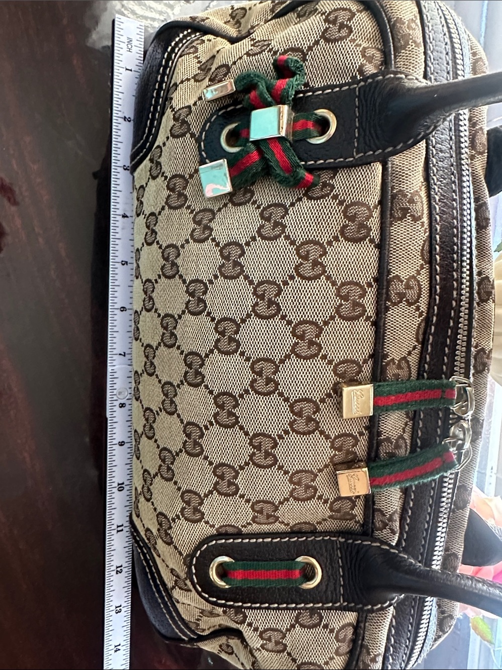 Gucci Princy Beige Monogram Canvas Shoulder Bag with Brown Trim and Web Stripe - Picture 11 of 16